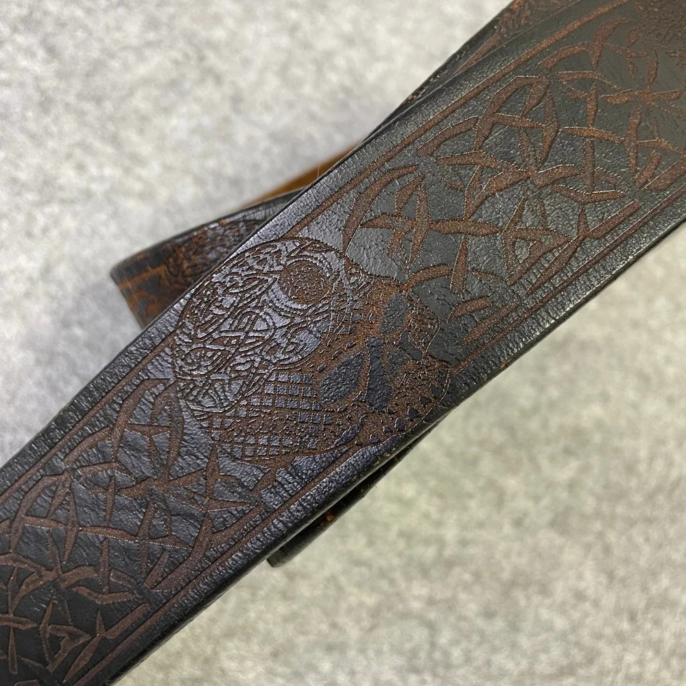 Mens Brown Genuine Leather Skull Celtic Knot Embossed Belt Size 34 Biker Gothic